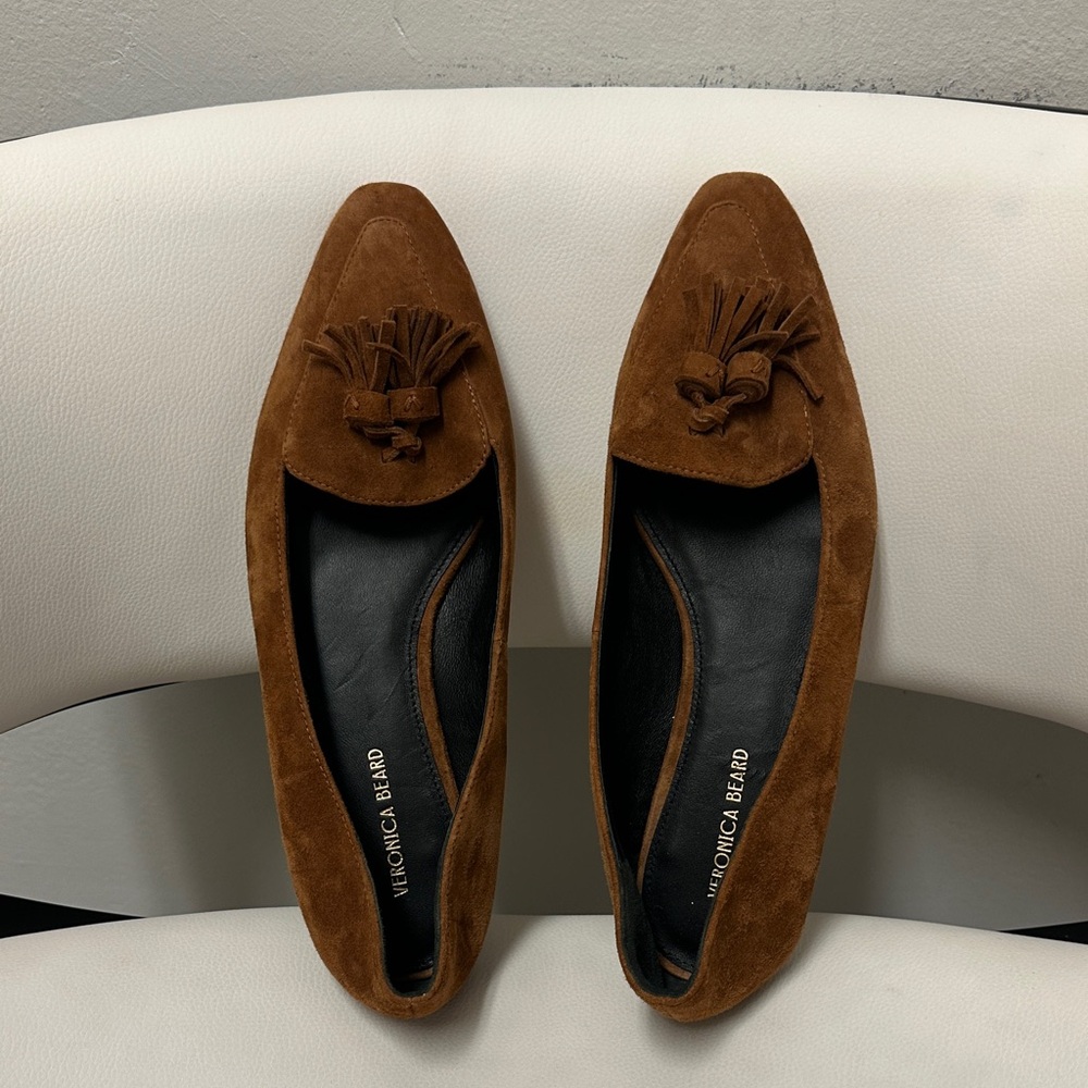 VERONICA BEARD CLEO SUEDE FLATS IN CARAMEL Tassel Loafers, - Picture 3 of 10